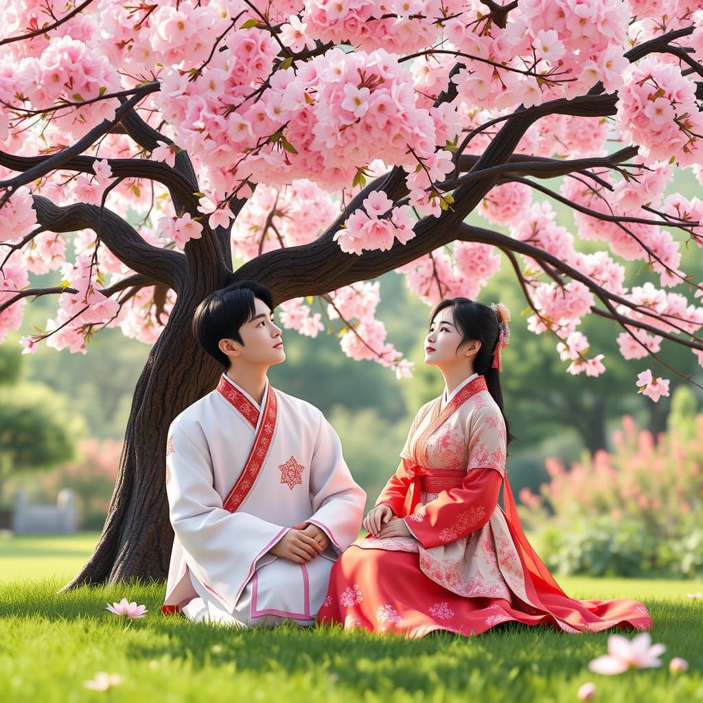 Serene Asian Couple Under Majestic Cherry Blossom Tree in Tr...
