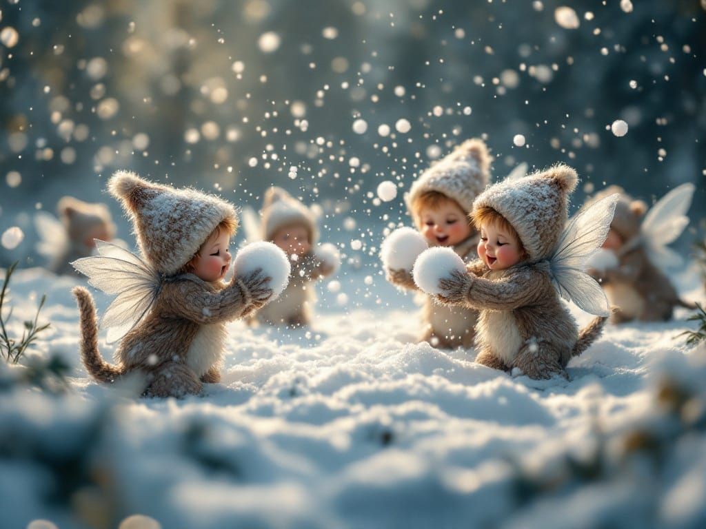 Pixies Snowball Fight in Dreamlike Winter Scene