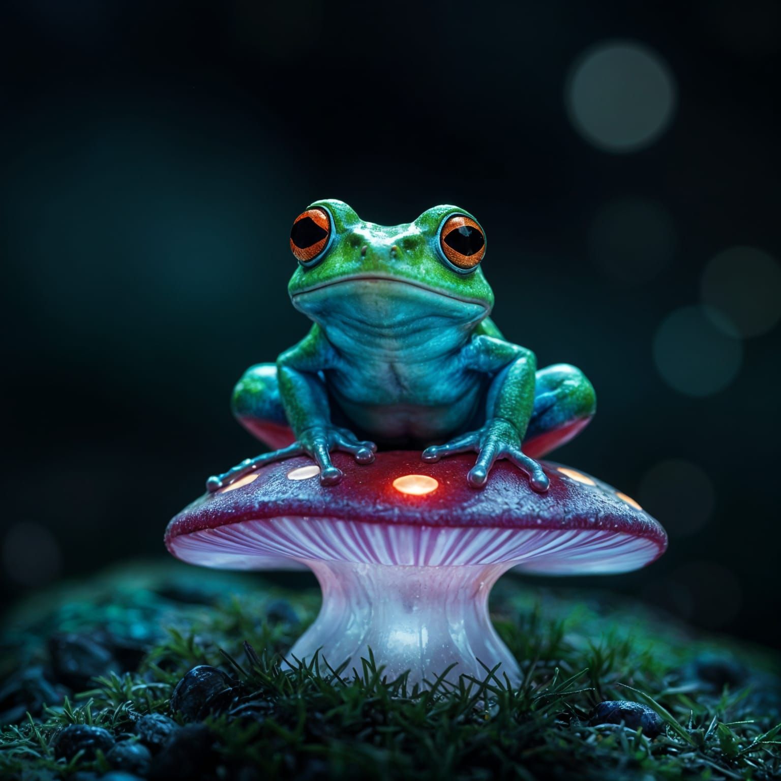 Frog on Glowing Mushroom in Dreamlike Scene
