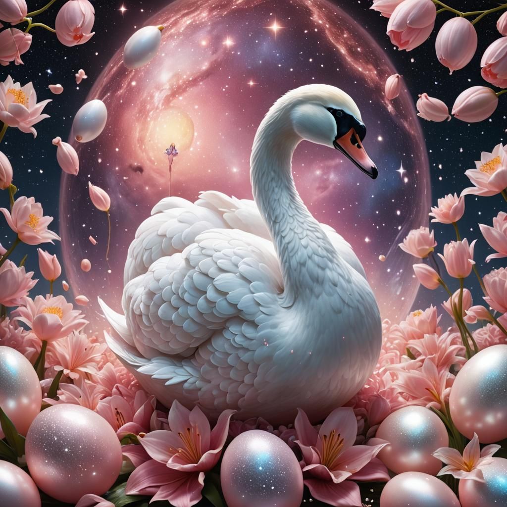 Swan Nesting on Pearl Egg in Starry Galaxy