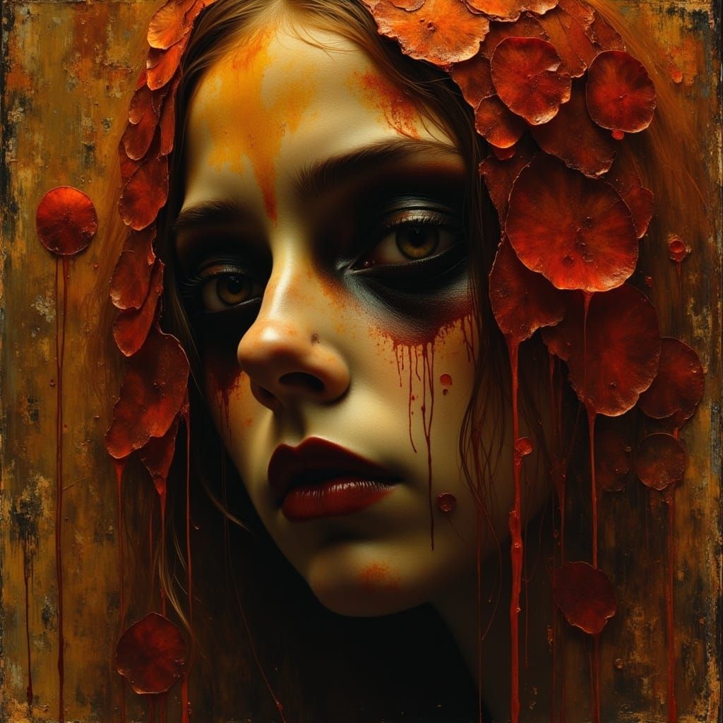 A Melancholic Woman Hides in a Golden-Brown Art Nouveau Land...