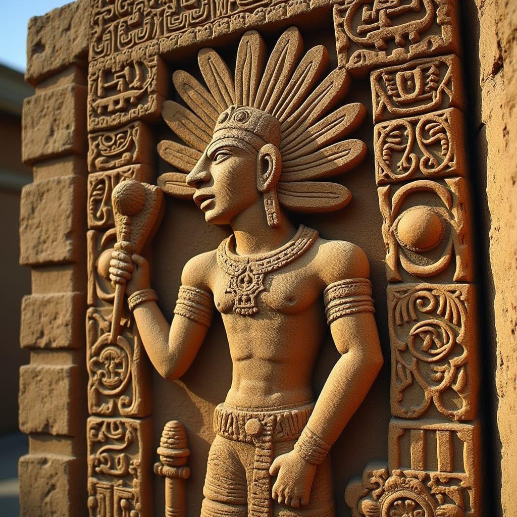 Mayan Deity Stone Carving in Earth Tones