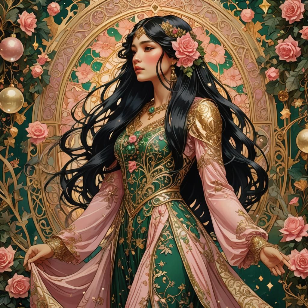 Art Nouveau Girl in Christmas Setting