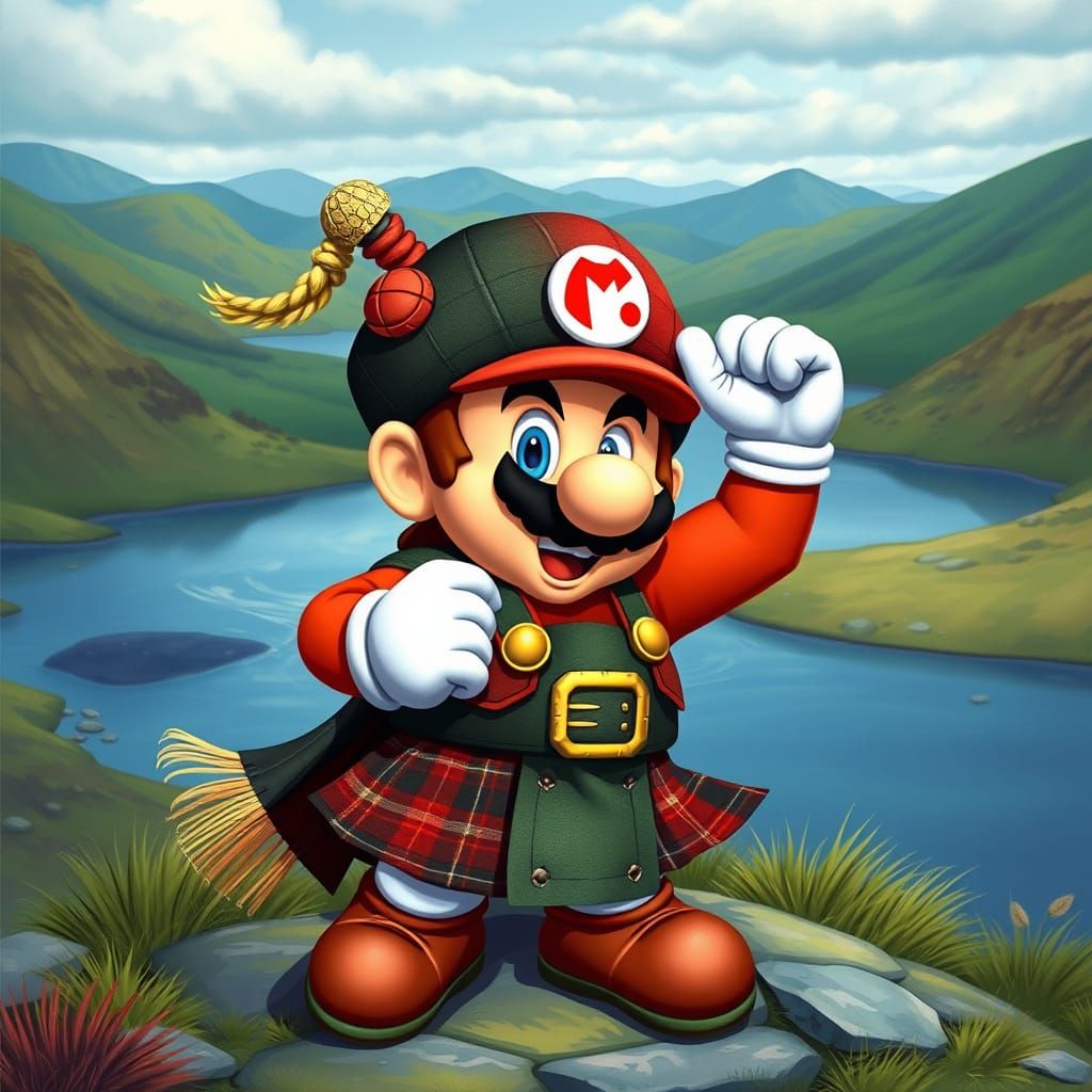 Super Mario Dons Scottish Highland Dress