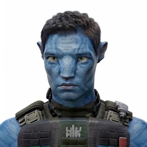 <lora:Navi Avatar:1.0> male Navi, blue skin, Recom, military, short hair