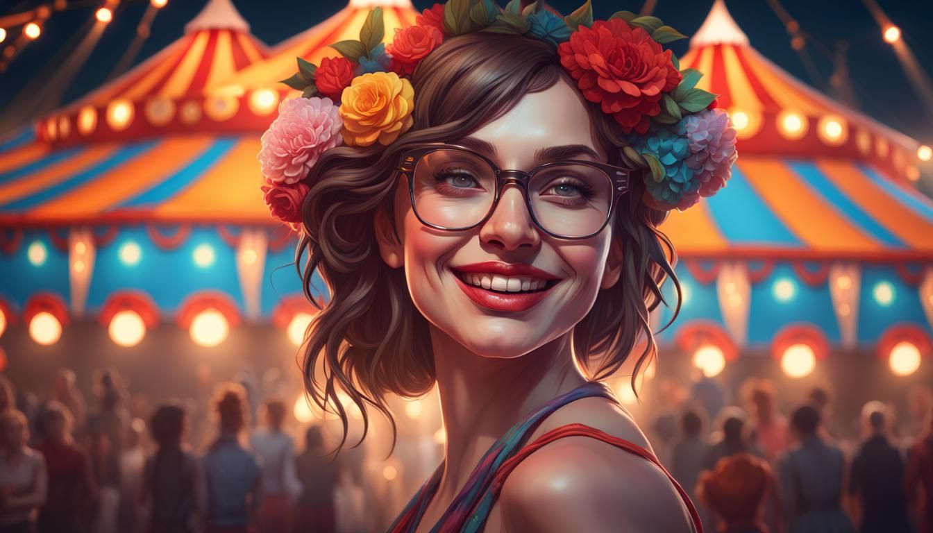 Woman Enjoys Circus in Hyperdetailed Art Nouveau Style