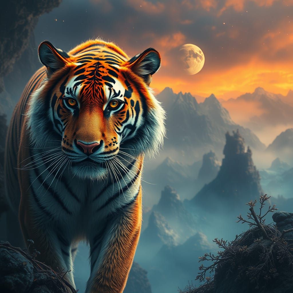 Ethereal Tiger in Cosmic Dreamscape with Gustave Doré's Dark...