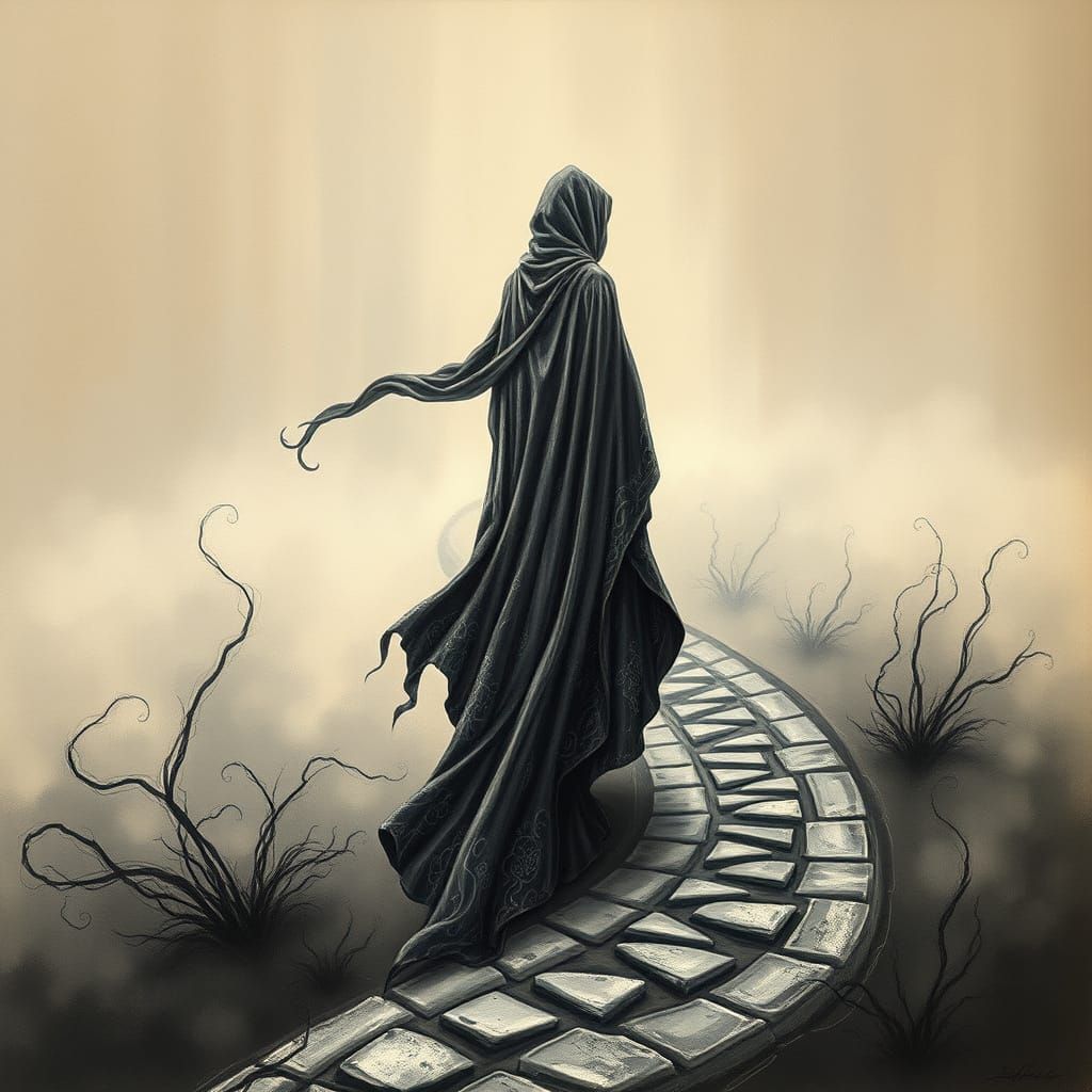 Mystical Cloaked Figure Emerges from Mist as Oil Painting