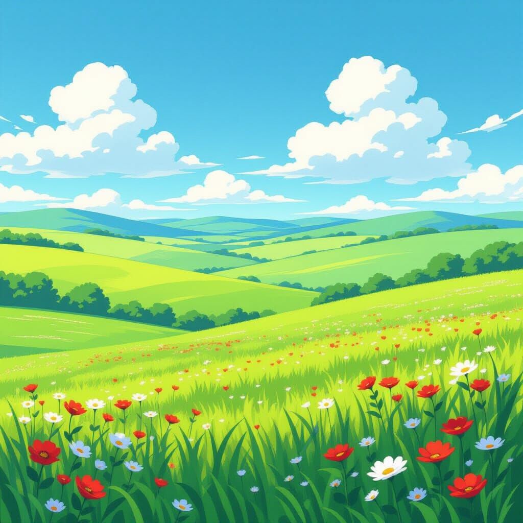 Anime Hills Under Clear Blue Sky in Ghibli Style