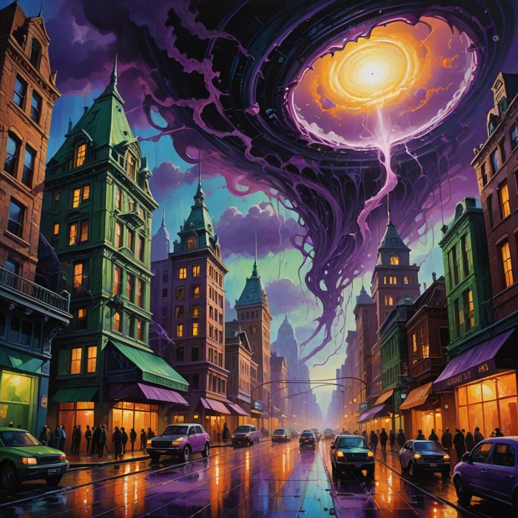 Surreal Cityscape in Vibrant Oil on Canvas