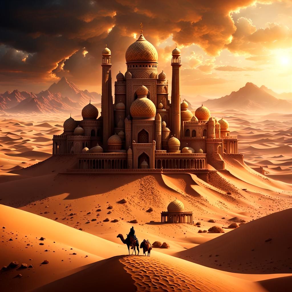 Genie Emerges from Magic Lamp in Desert