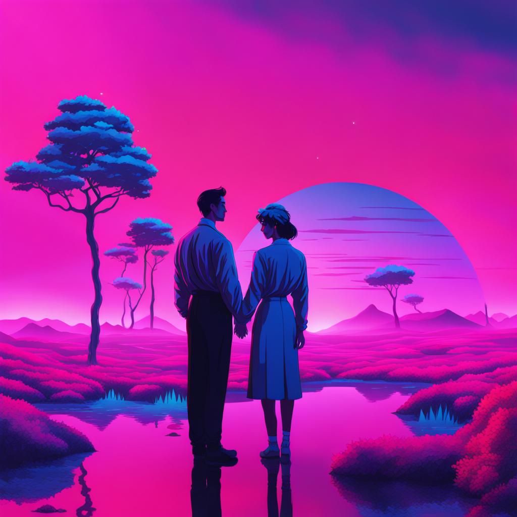 Couple Embracing in Surreal Vaporwave Landscape