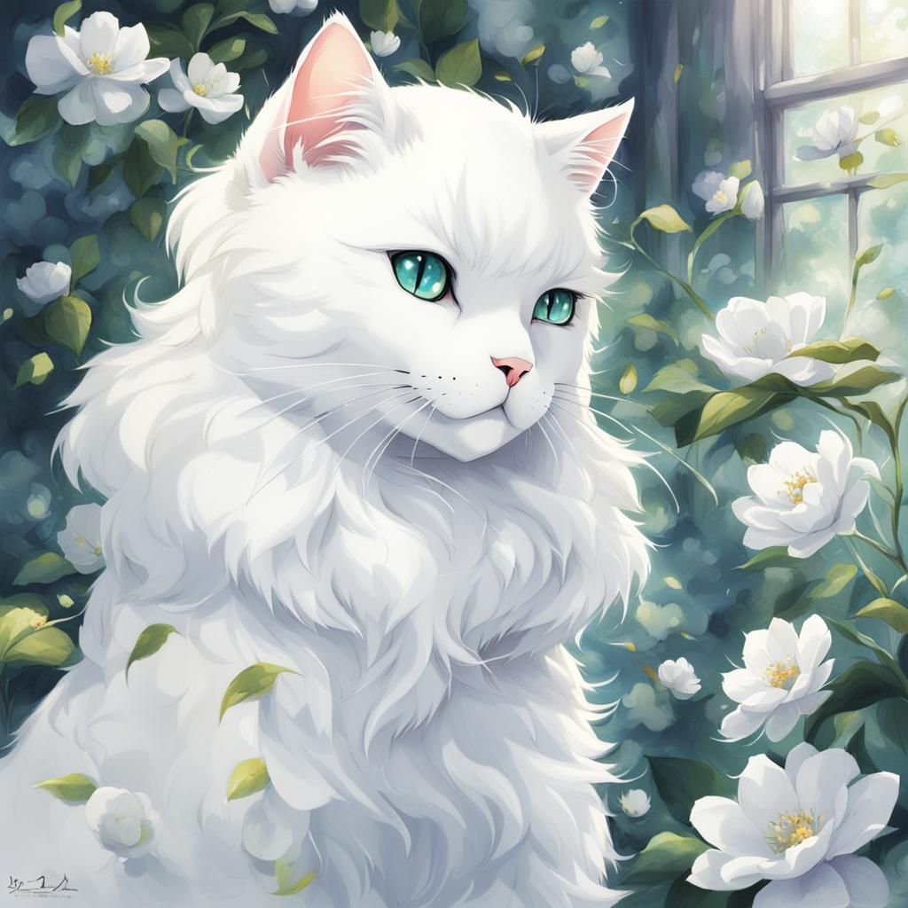 Anime-Style White Cat Portrait