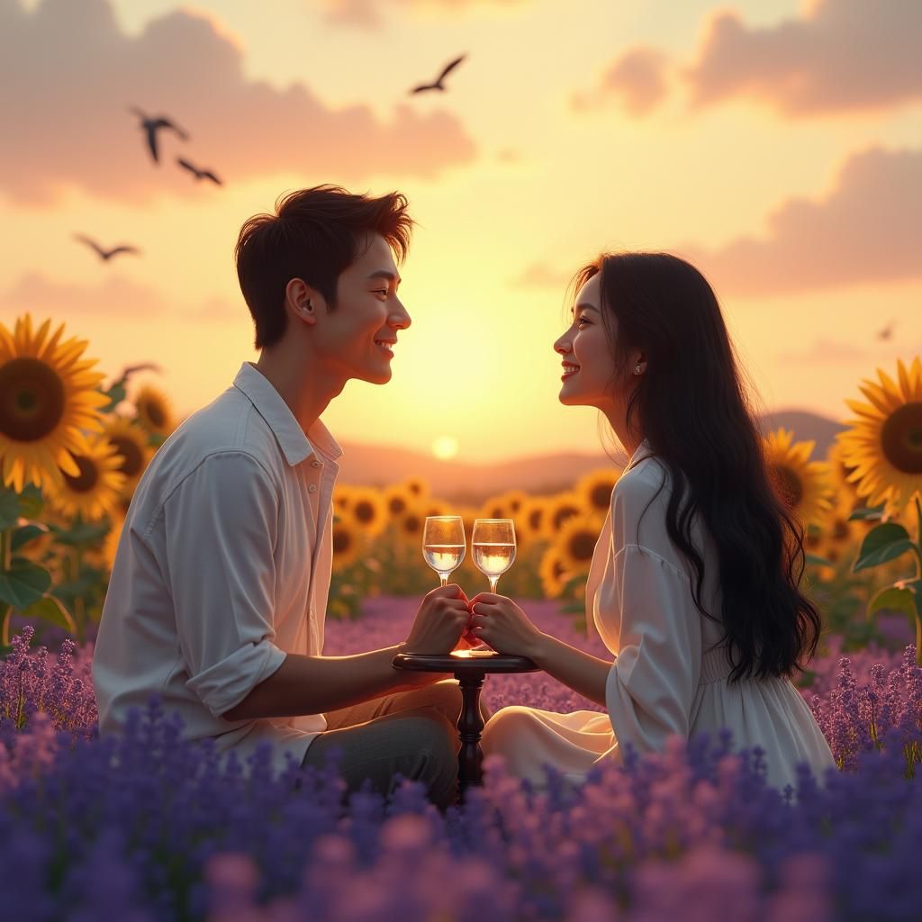 Romantic Couple in Lavender Field, Detailed Matte Painting