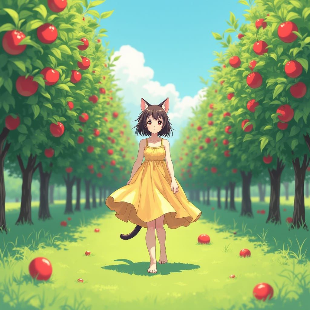 Anime Catgirl in Apple Orchard, Manga Art Style