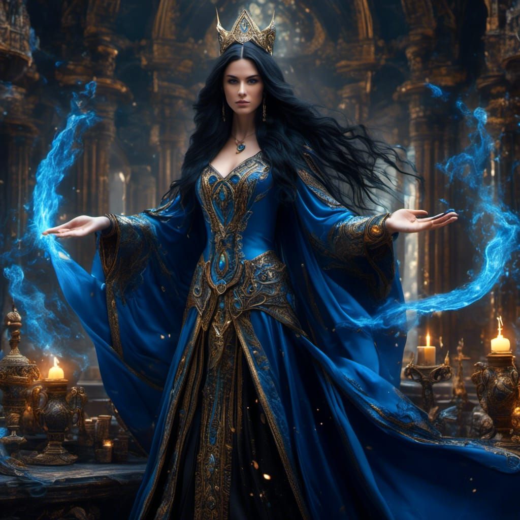 Young Sorceress with Black Hair in Hyperreal Style