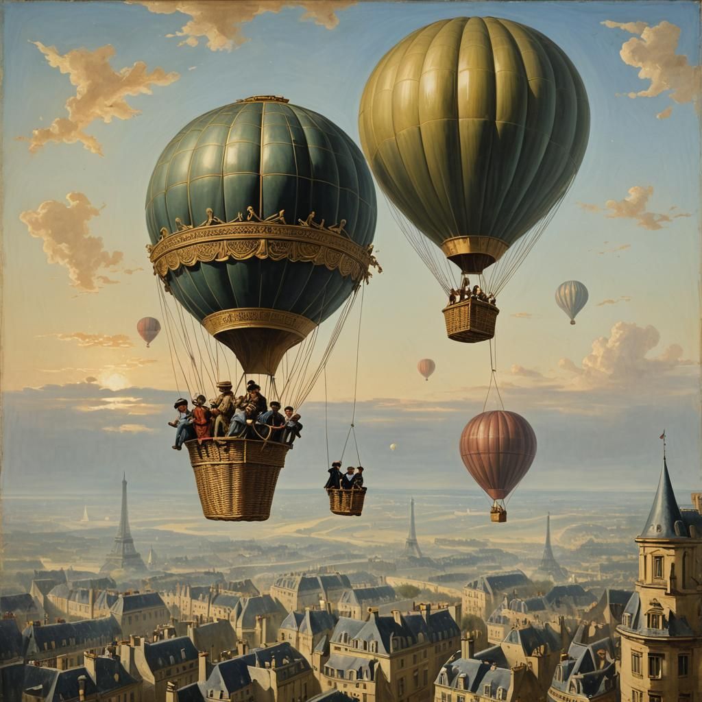 First Hot Air Balloon Flight in Paris, 1783, as Oil Painting