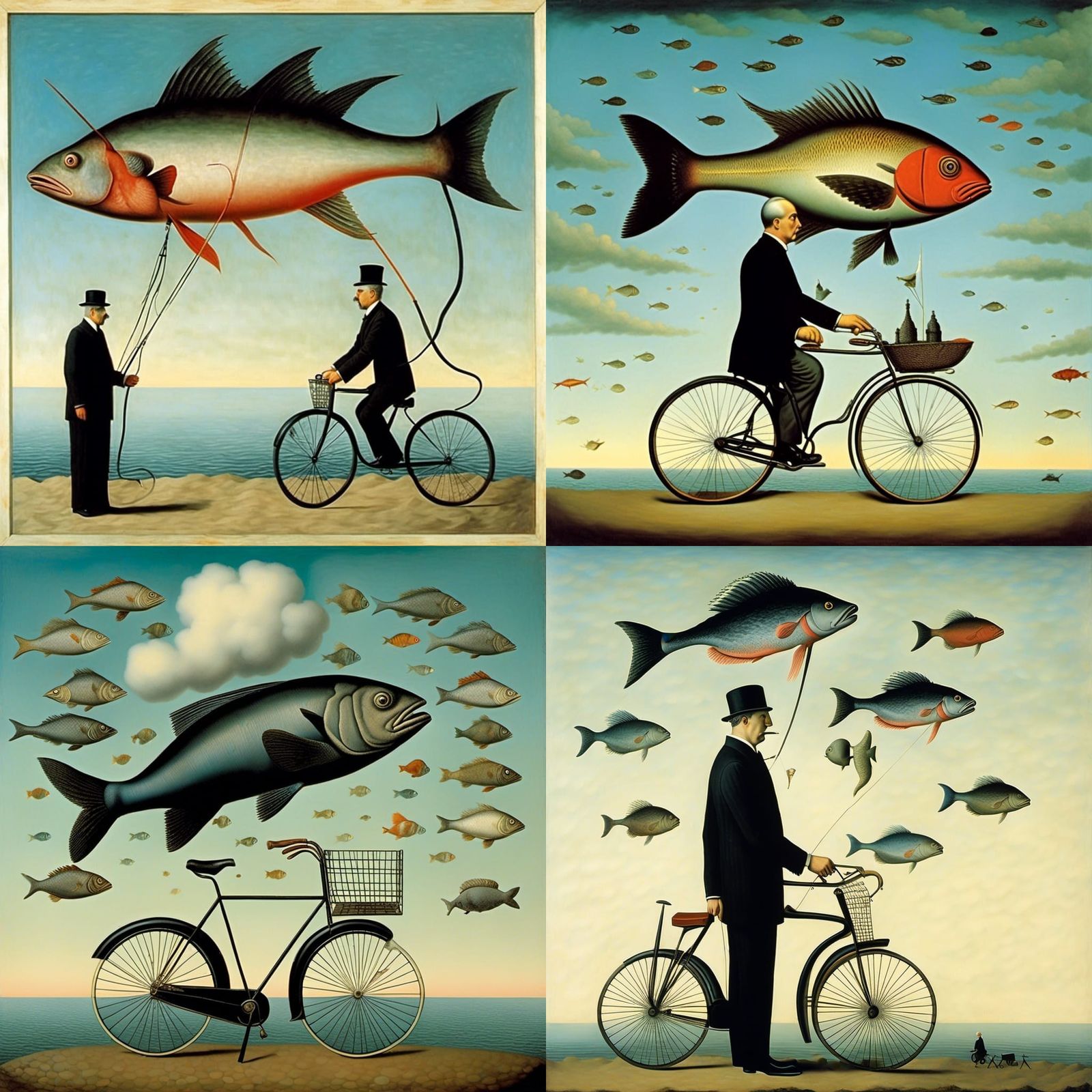 Fish Rides Bicycle in Surreal Magritte Style