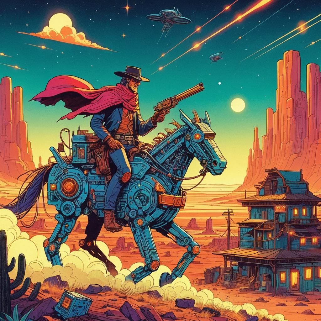Futuristic Cowboy in Desert: Sci-Fi Cartoon Art