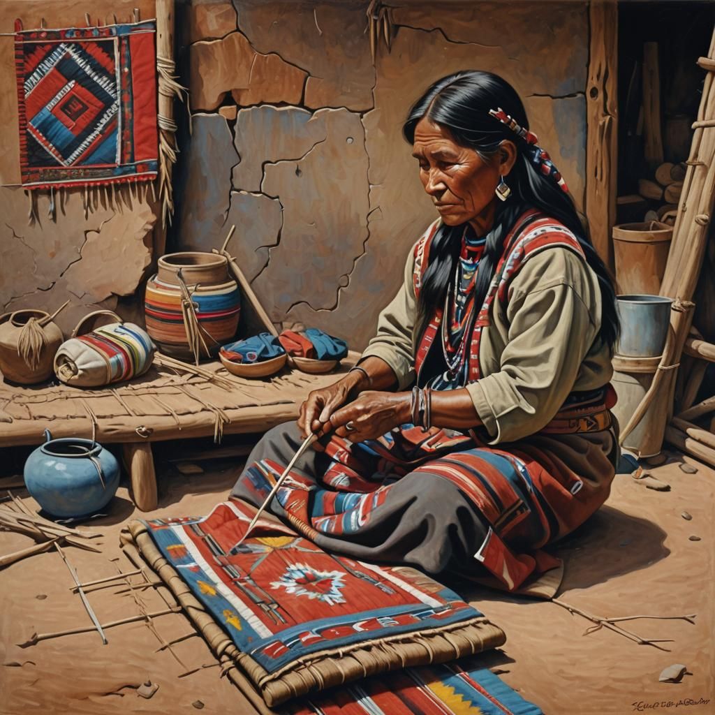 Navajo Woman Weaving Quilt as Oil Painting
