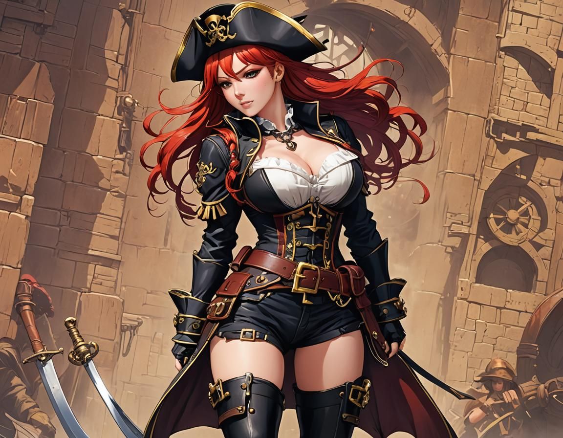 Anime-Style Redhead Pirate Captain in Corset and Boots