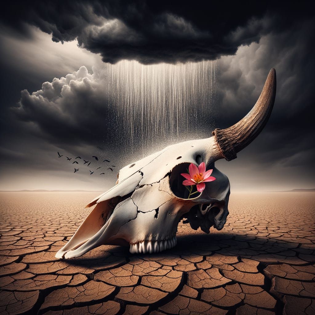 Cow Skull in Desert with Flower and Rain
