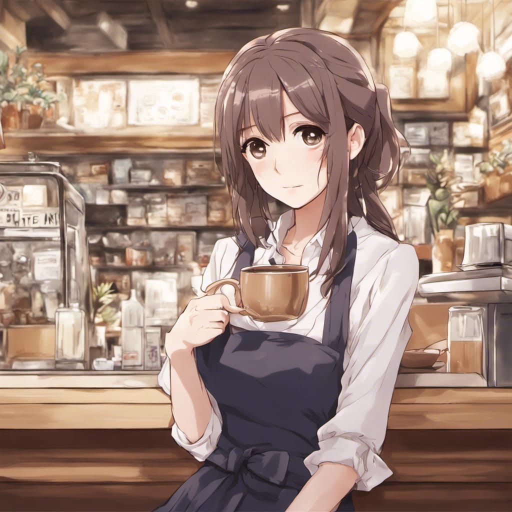 Anime Girl in Coffee Shop: Manga Style