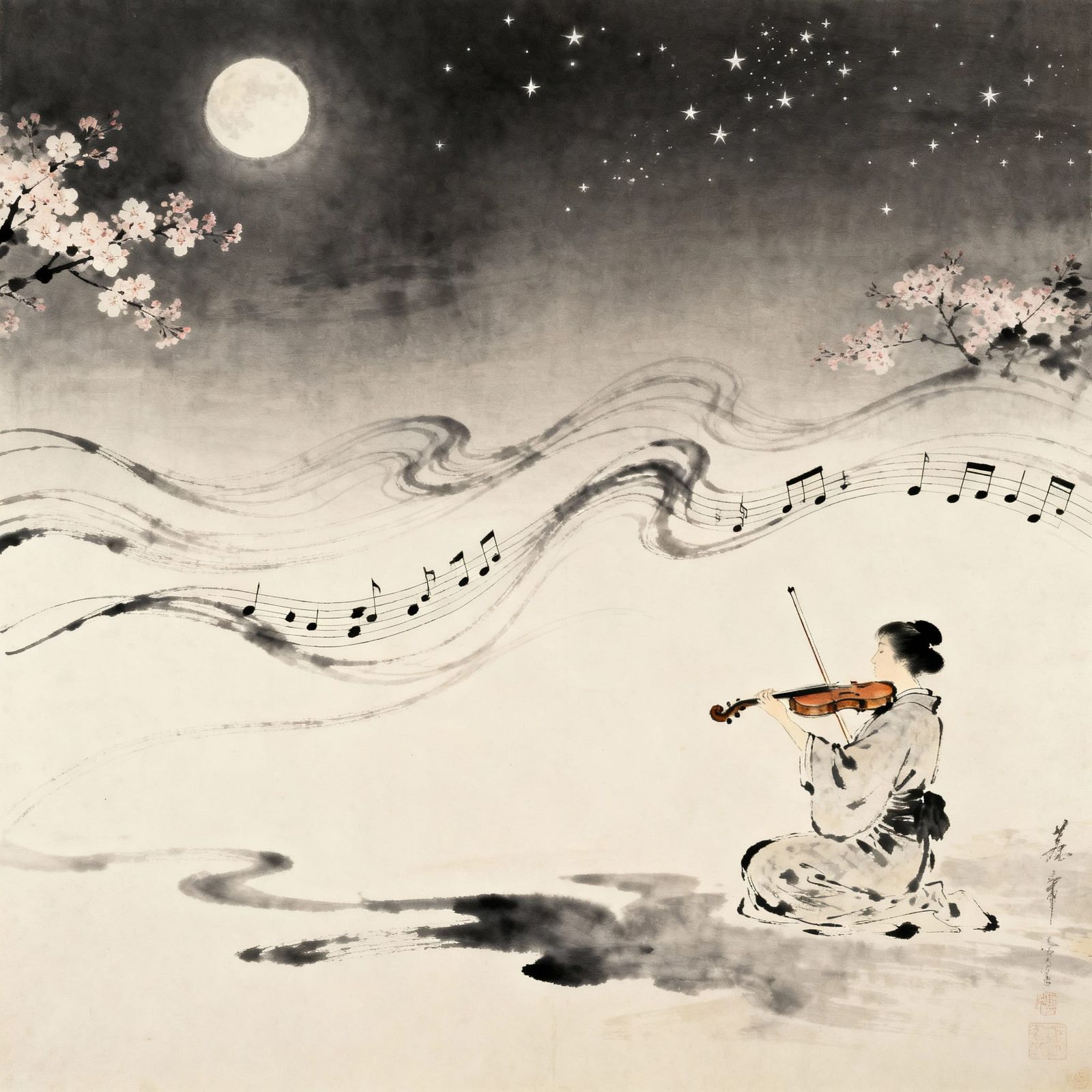 Ethereal Violins in Summer Night: Japanese Aesthetic Style