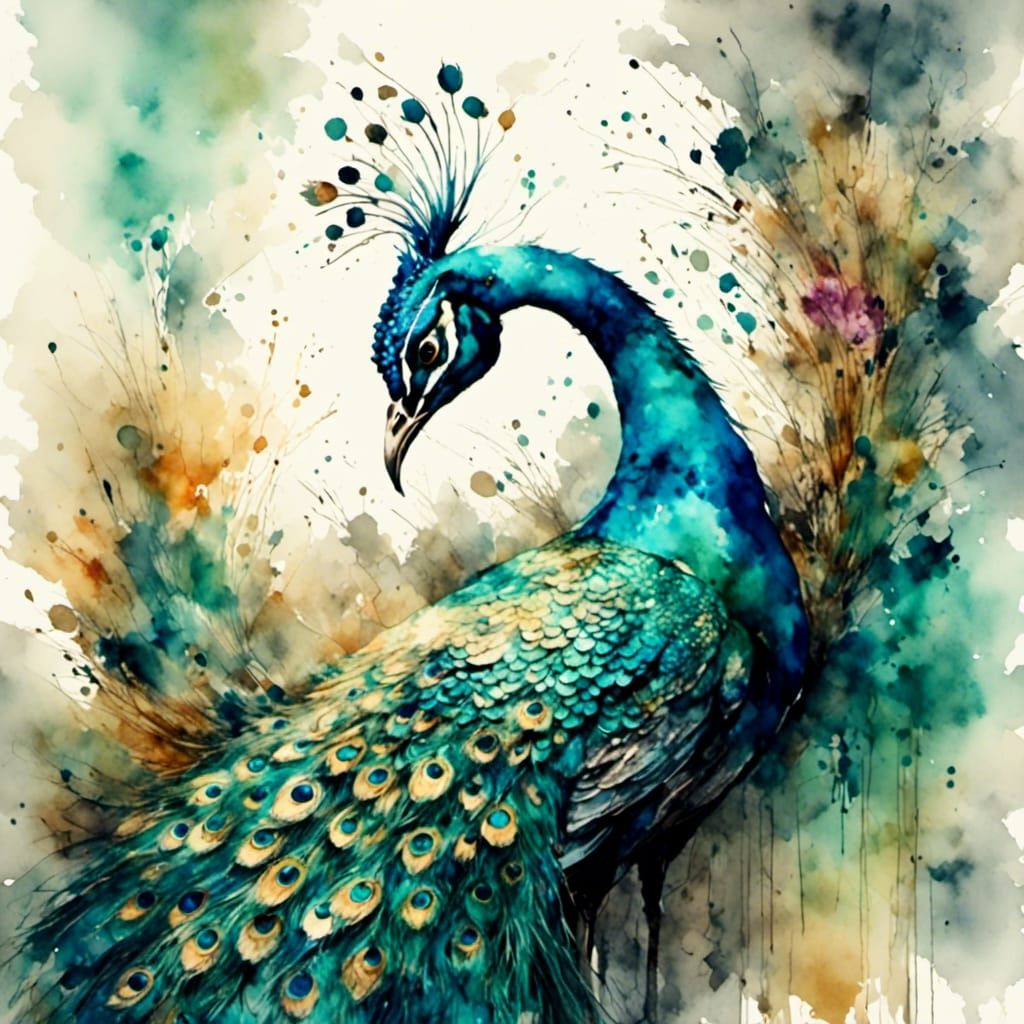Antique Watercolor Peacock Portrait