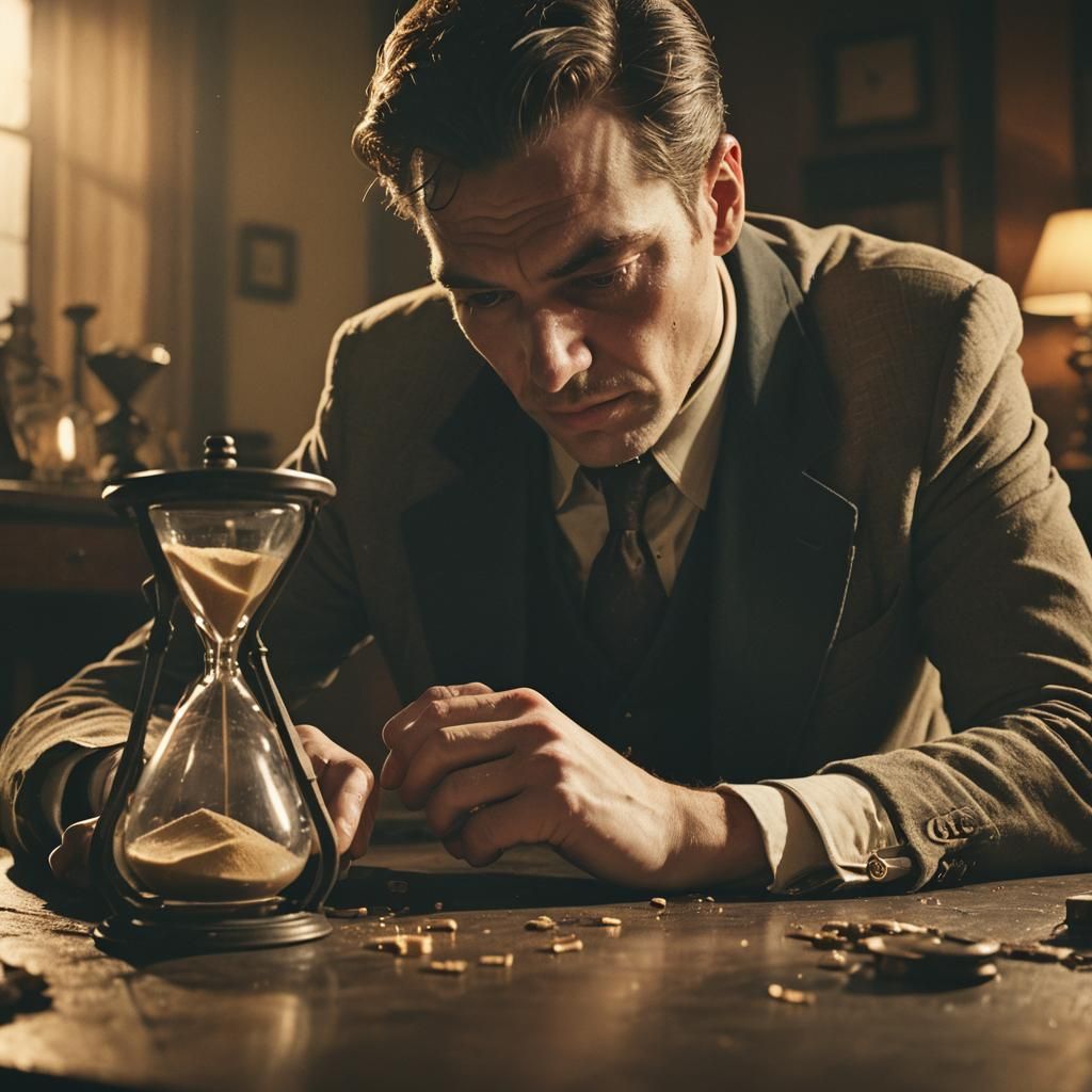 Dramatic Film Noir Scene with Broken Hourglass