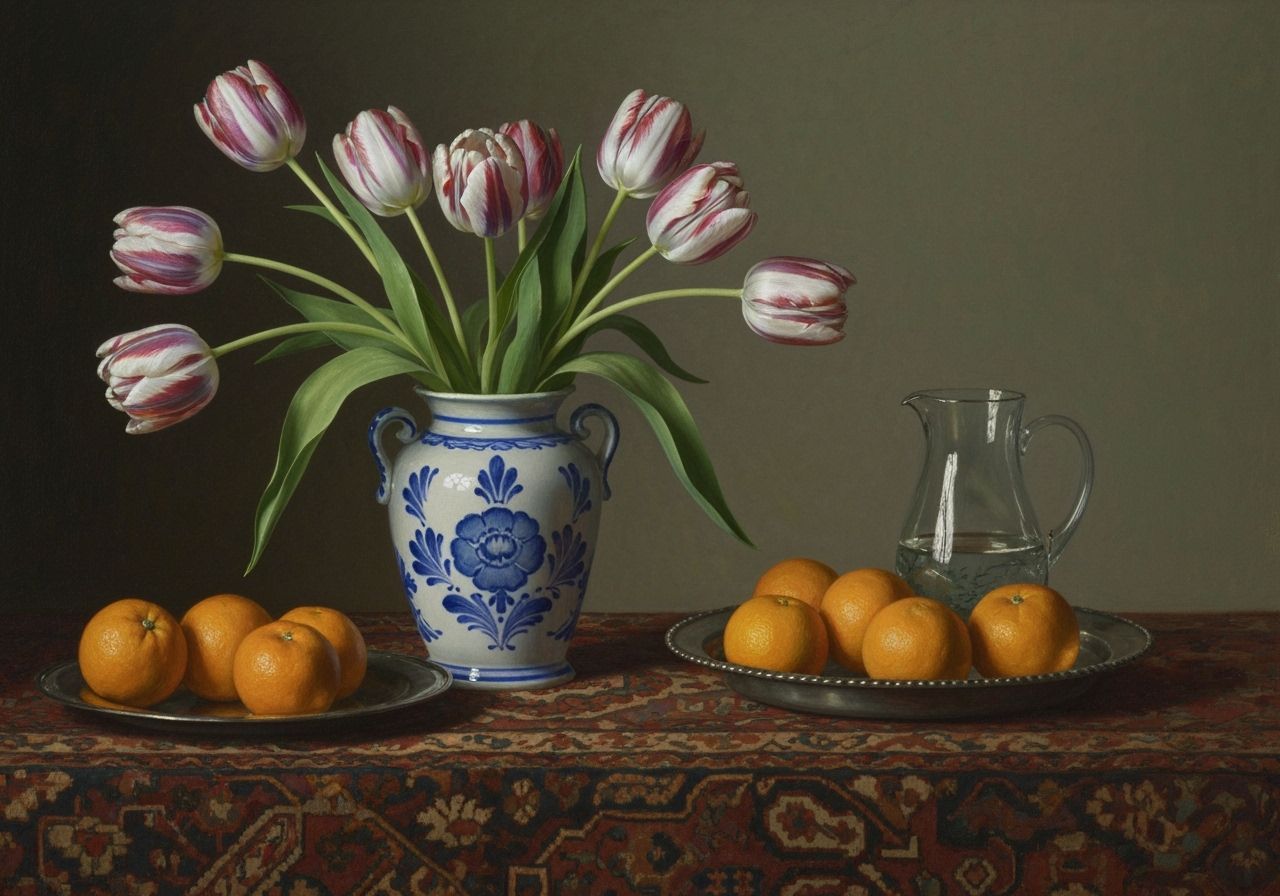 Dutch golden age still life, a Delftware blue and white vase...