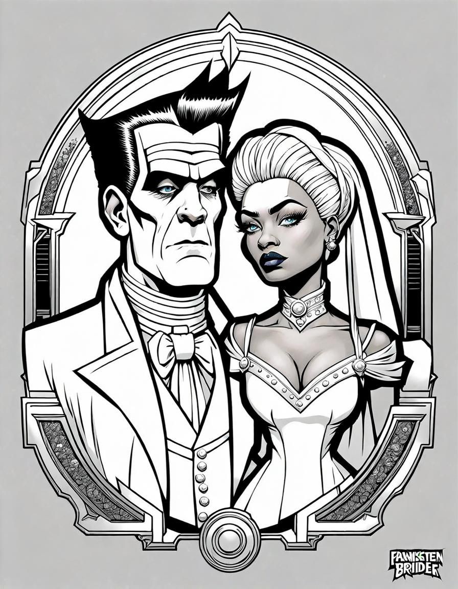 Frankenstein and Bride Coloring Page, Comic Art Style