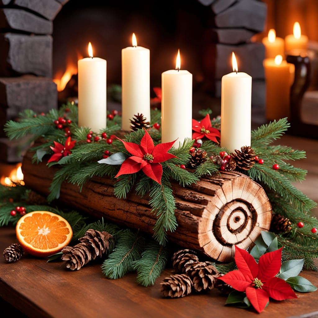 Yule Log on Rustic Hearth with Candles and Festive Decor
