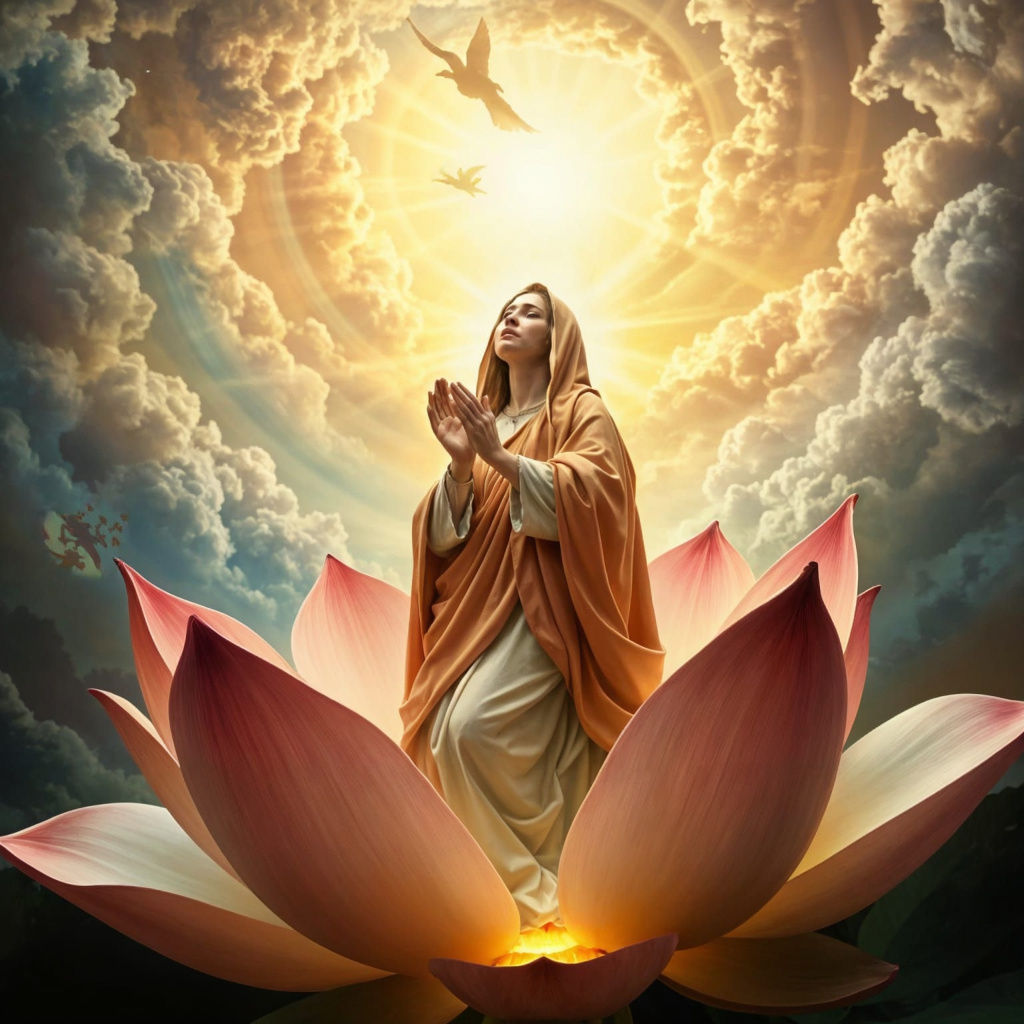 Serene Blessed Mother Mary in Lotus Flower Glory