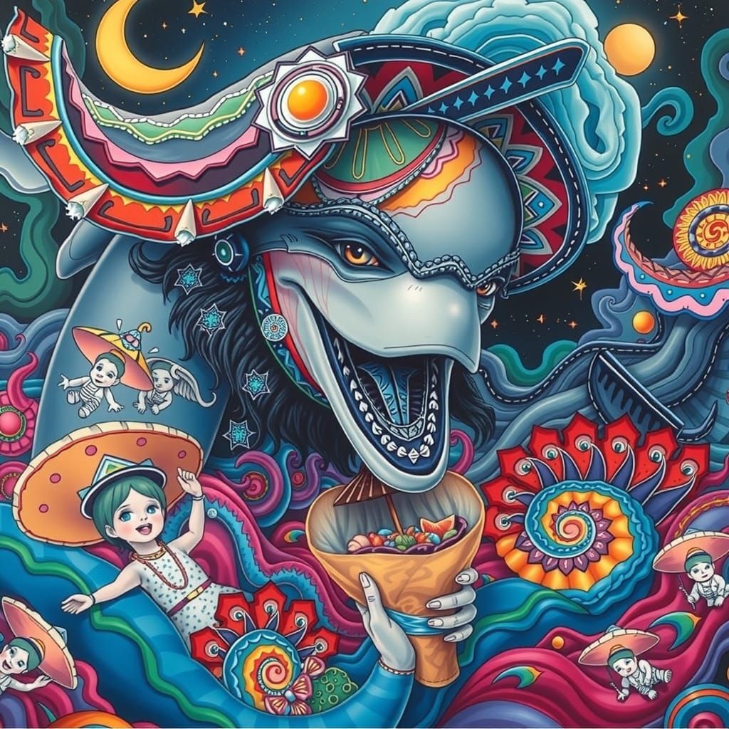 Cosmic Dolphin with Burrito in Murakami-esque Style