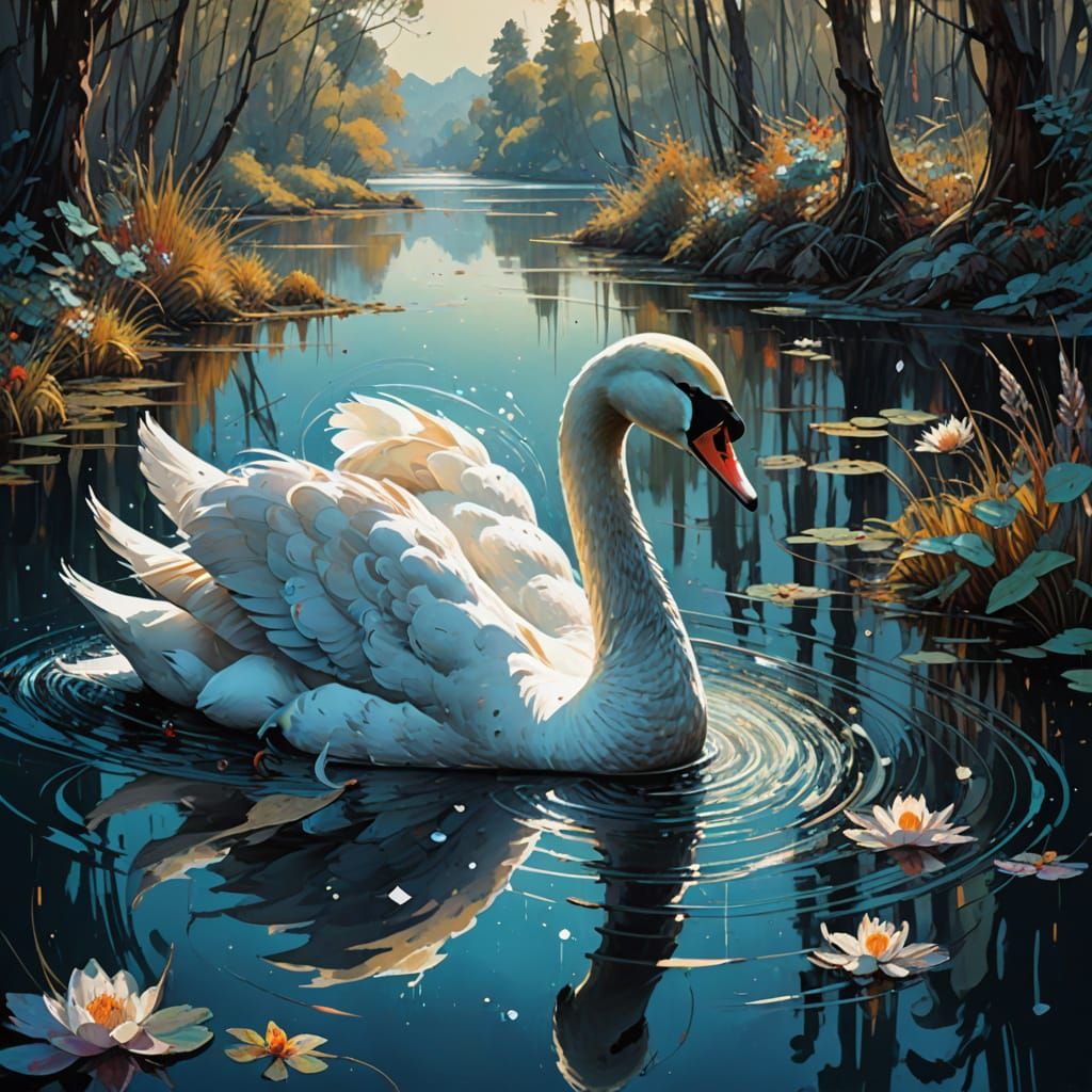 Swan Genuine portrait of Mysterious Swan lake !! :: breathtaking cover art Artwork, perfect 32 k , Jon Foster, Carne Gri...