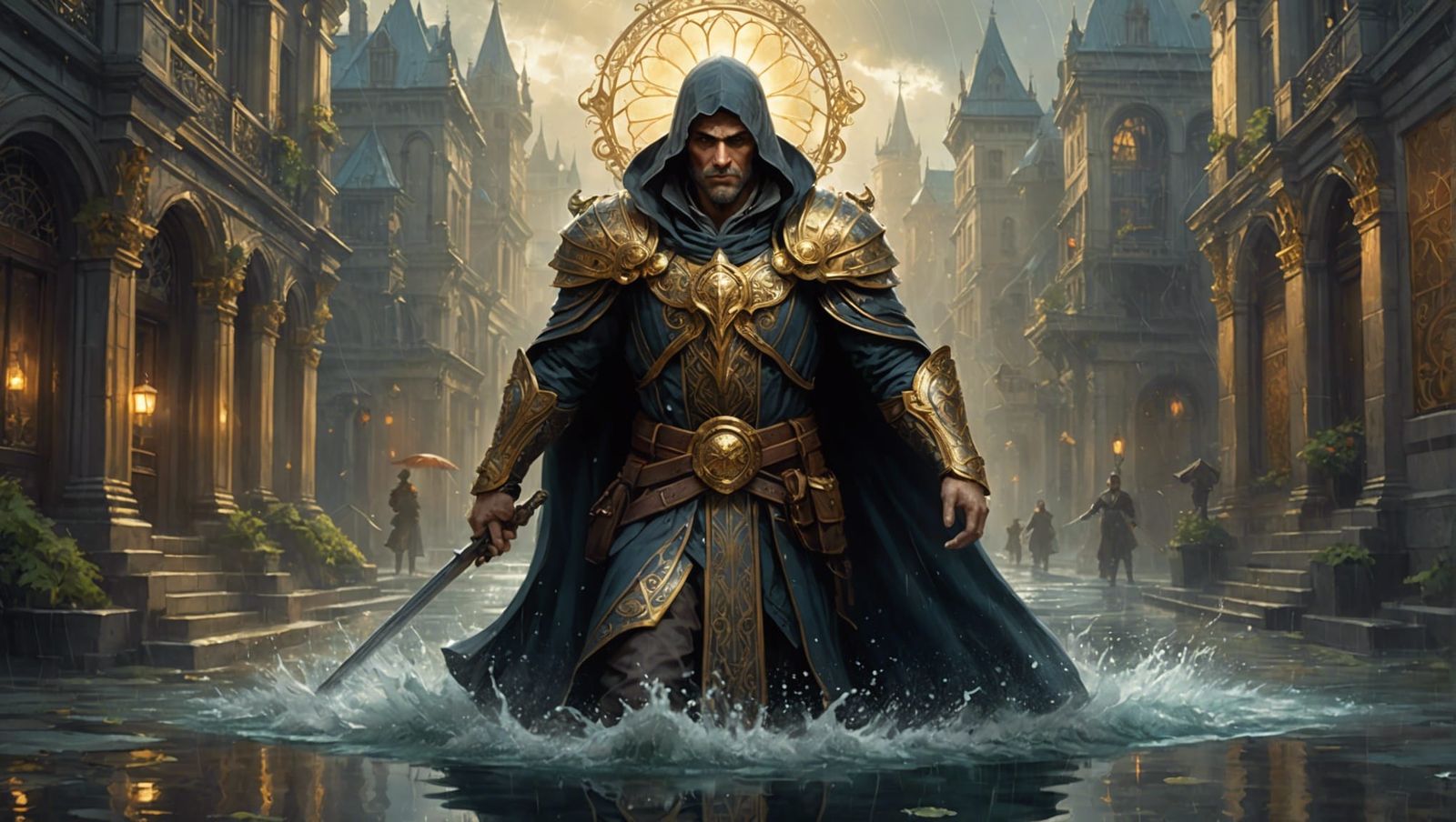 Medieval Sorcerer in Liquid Watercolor with Gold Rain
