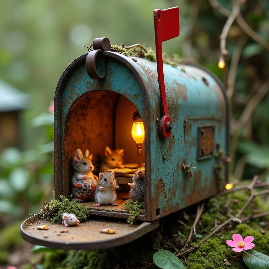 Mice Cozy in Mailbox Home, Whimsical Garden Scene