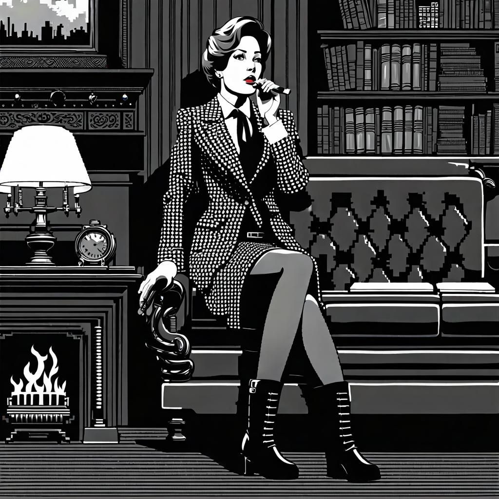 Businesswoman Relaxing with Cigar: Grayscale Pixel Art