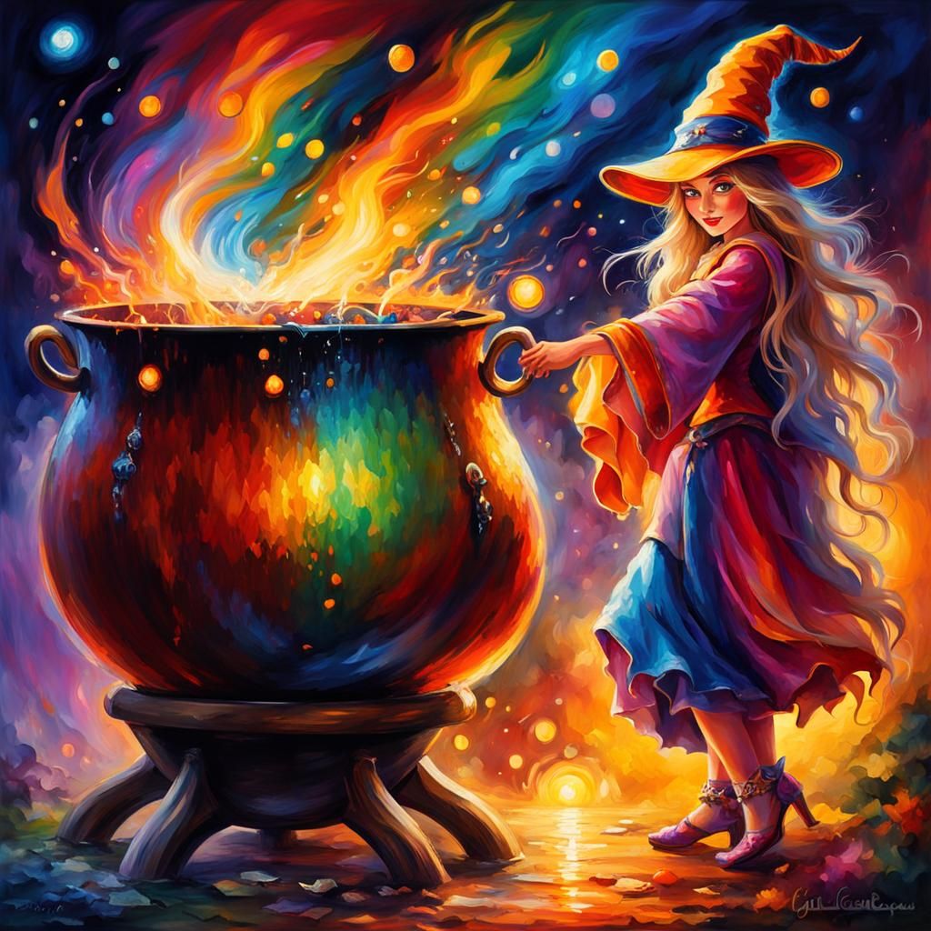 Whimsical Sorceress Stirring a Cauldron: Digital Art