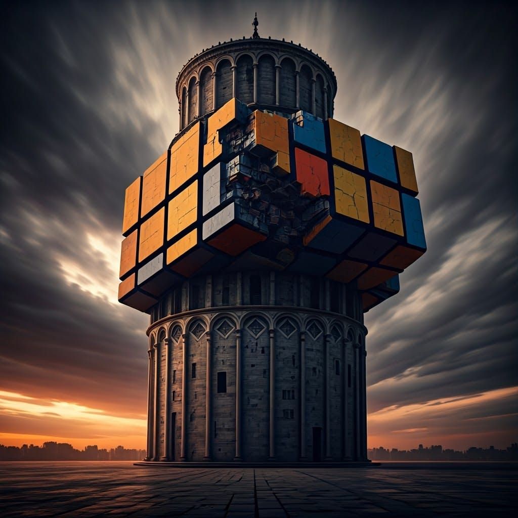 Futuristic Leaning Tower of Pisa with Rubik's Cube