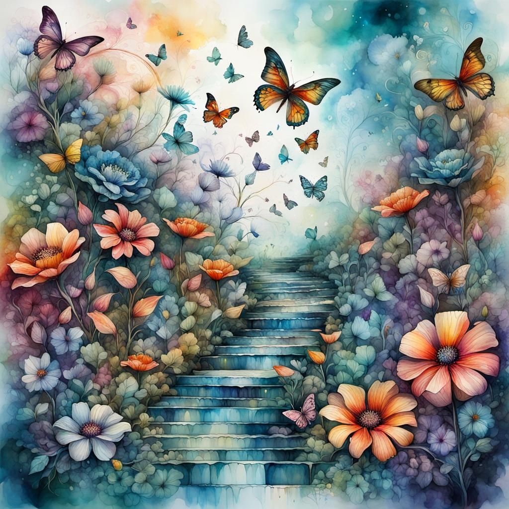 Magical Garden with Flowers and Butterflies