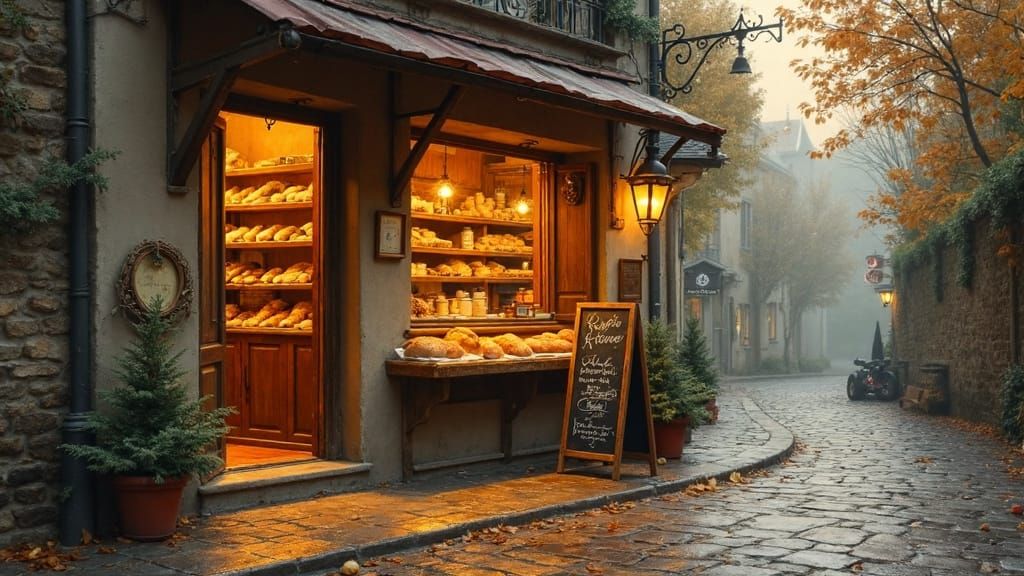 Rustic Bakery at Dawn in Painterly Realism