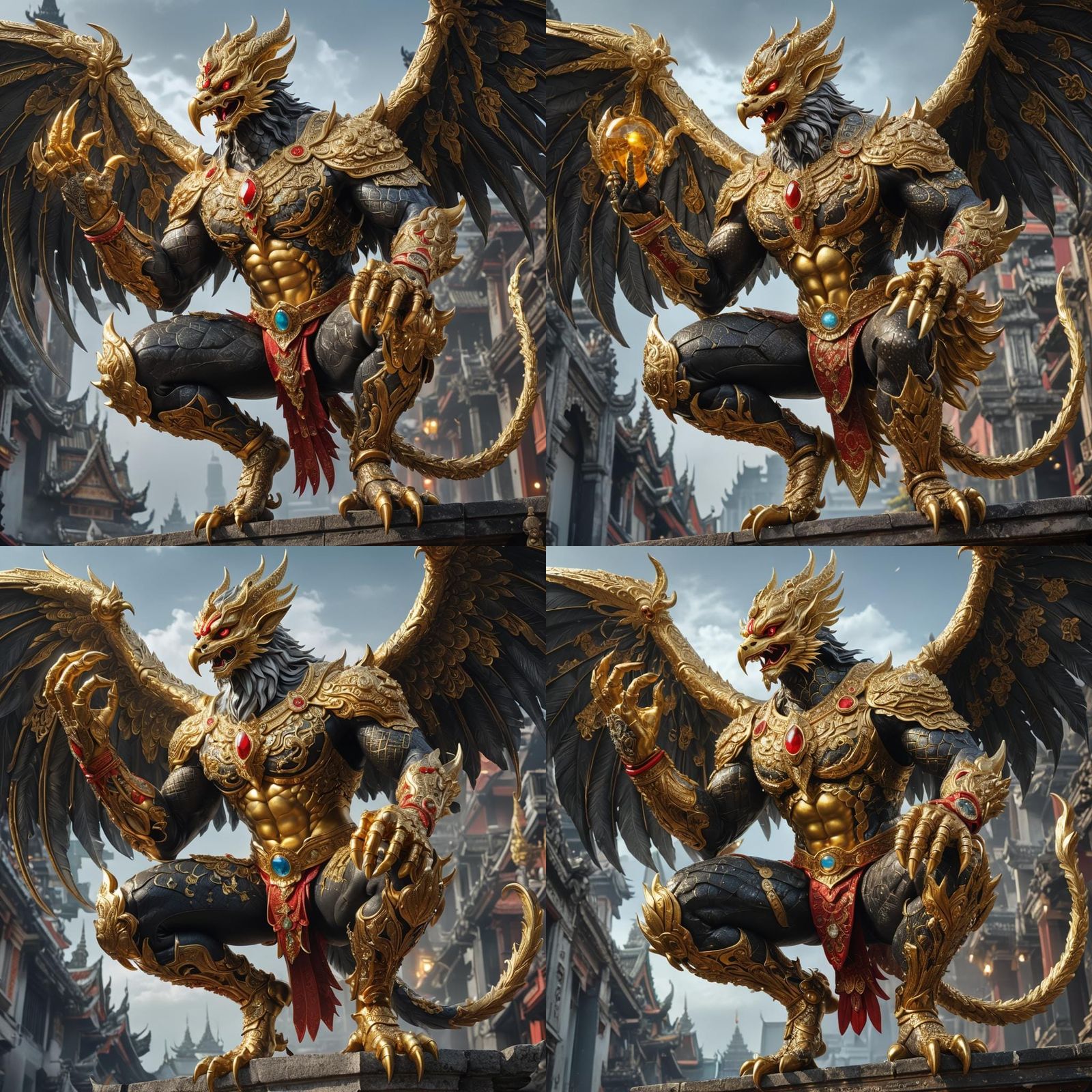 Golden Garuda Man in Thai Pattern: Detailed 3D Anime Art