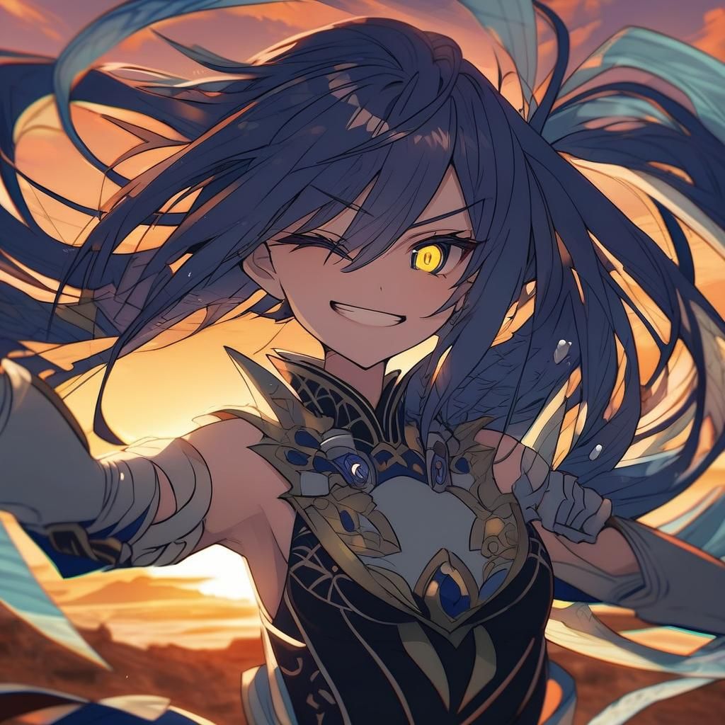 Anime Girl with Detailed Eyes Winking at Sunset