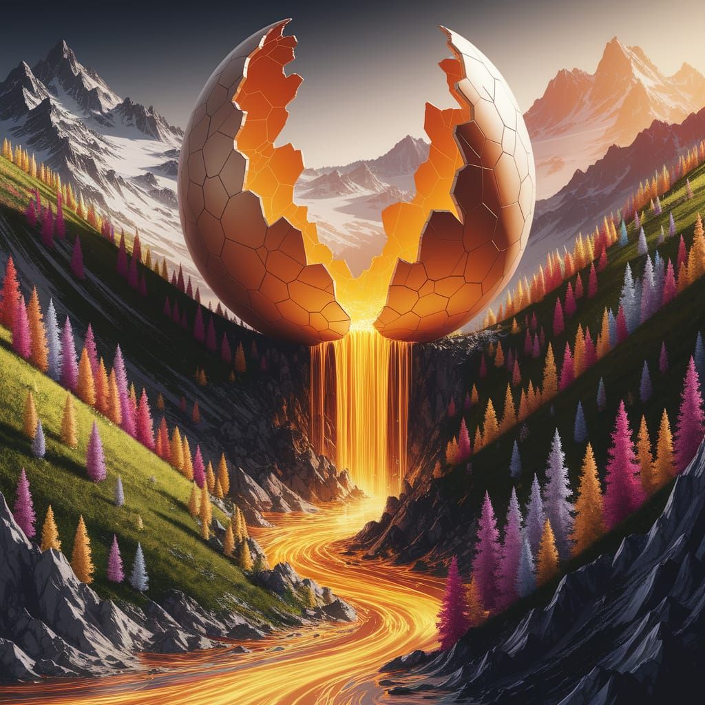 Molten Gold River Flowing from Cracked Eggshell