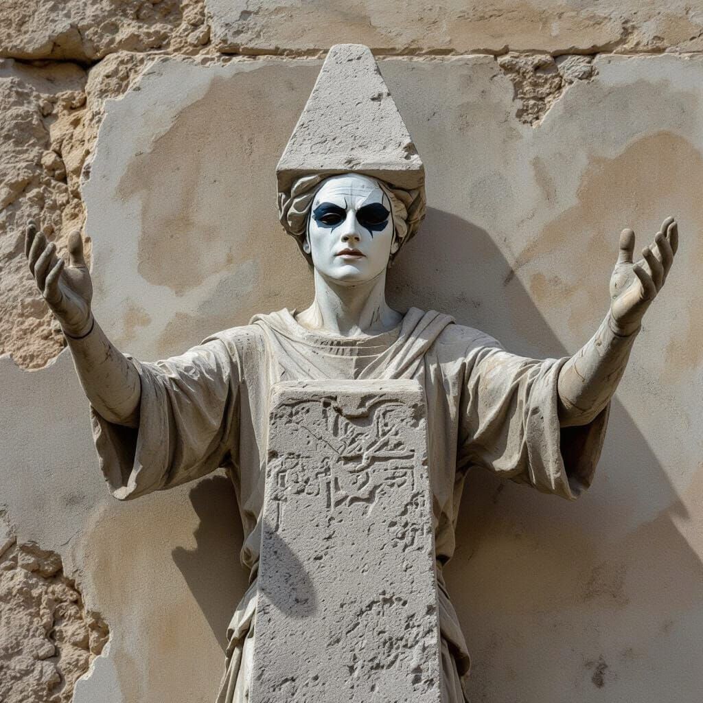 Mime Performer Embodies Stone Obelisk in Fresco Style