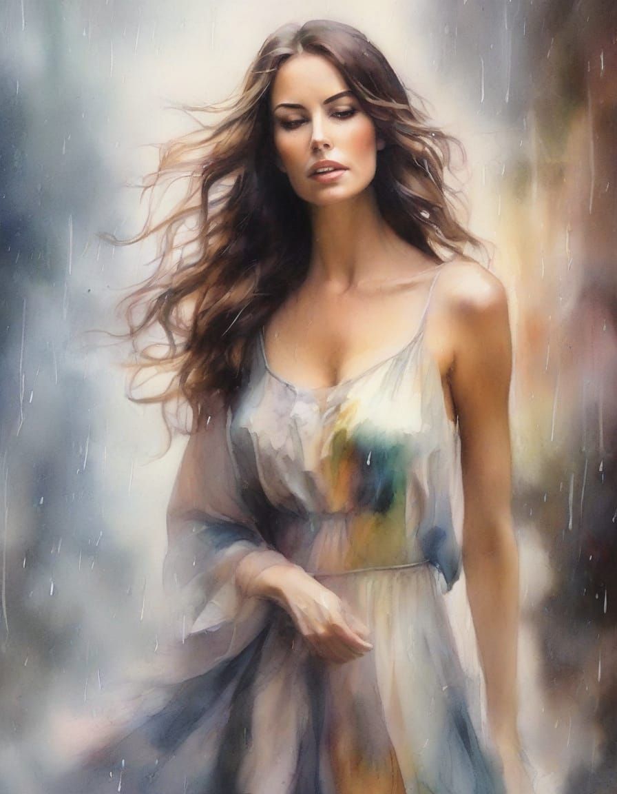 Ethereal Hyperrealistic Watercolor Woman in Silk Dress