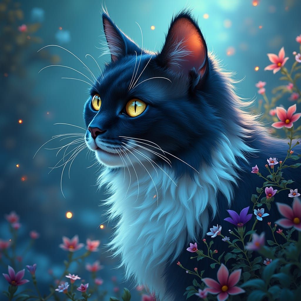 Ethereal Cat in Floral Aura, Digital Art