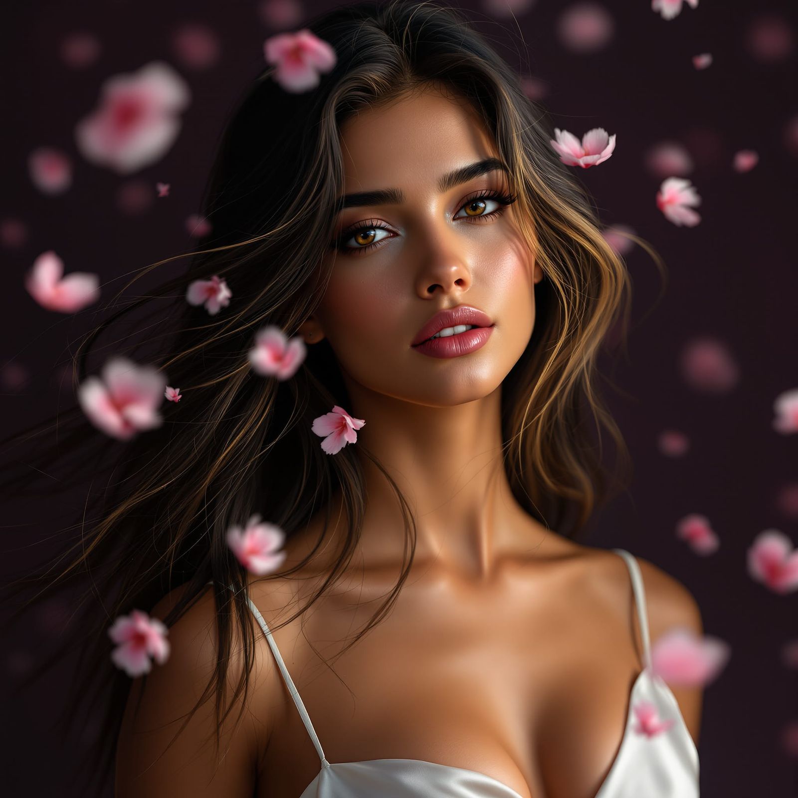 Photorealistic Dominican Woman with Cherry Blossoms